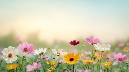 Fototapeta premium A blooming flower garden with a soft pastel sky in the background, sprint flower