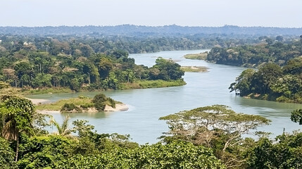 Tropical river meandering through lush rainforest, aerial view, showcasing biodiversity, ideal for travel brochures