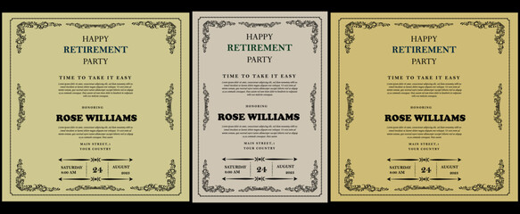 Set of retirement party invitation, square banner, instagram story and a4 poster, vector illustration Retirement Flyer Design Template. Retirement Party Invitation Layout, square banner, and a4 poster