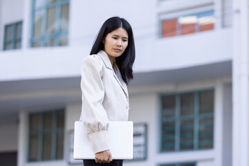 Future remote work combines technology smart phone connection online white digital business woman...