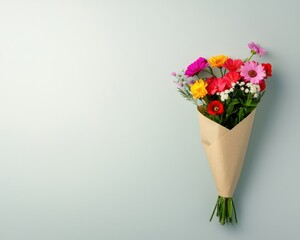 A bouquet of freshly picked spring flowers wrapped in recycled paper, sprint flower