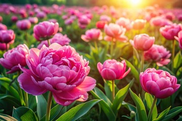 Obraz premium Aerial View of Pink Peony Tulips Blooming in a Field - Drone Photography