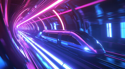 Fototapeta premium A futuristic train is traveling through a tunnel with neon lights