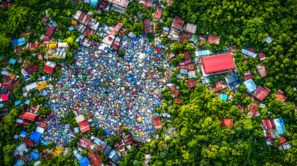 Aerial view of a large protest in a hillside community, amidst lush greenery and residential buildings