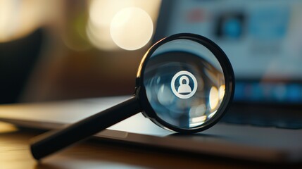 Close-up of laptop screen with search bar and magnifying glass icon, representing online privacy and data security concerns in digital age.