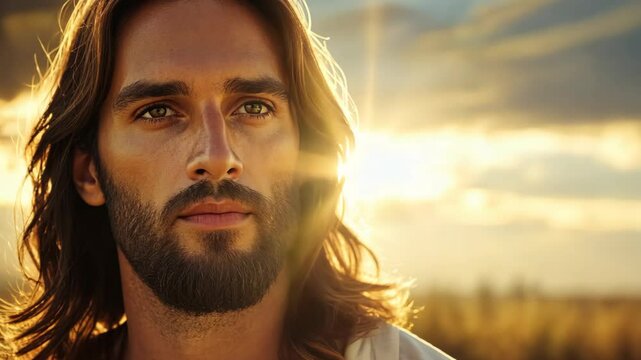 close up face portrait of Jesus Christ looking at camera with bright sunlight 