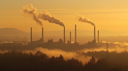 Obraz premium Industrial Smokestacks Emitting Smoke at Sunrise in Silhouette
