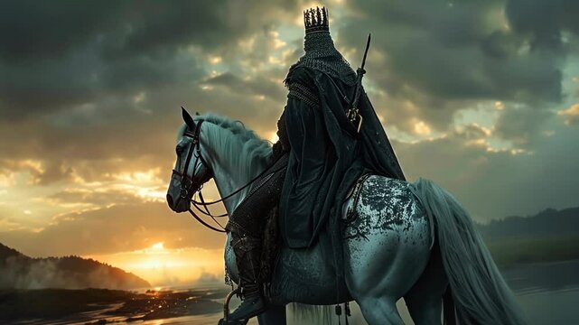 the fourth horseman riding on back of pale greenish horse wearing black robe and black crown looking at sunrise sky , four horseman