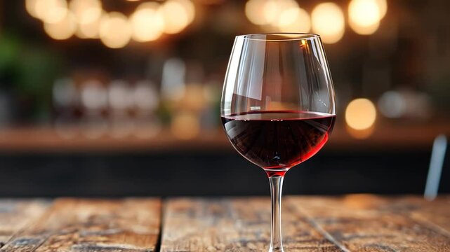 Elegant wine glass filled with red wine on a rustic wooden table in a cozy bar setting