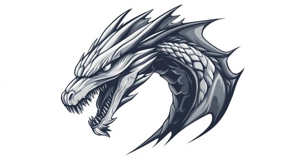 Grey dragon head, fantasy art, white background, game design