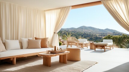 Obraz premium Luxury camping glamping tent experience. Contemporary living space with scenic mountain view and natural decor.