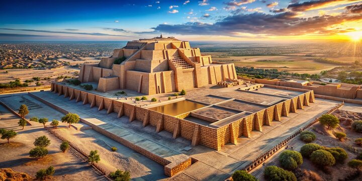Aerial View of the Great Ziggurat of Ur, Ancient Mesopotamian Temple, 2050 BC Reconstruction