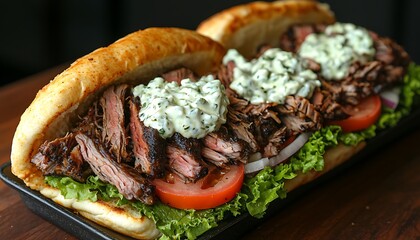Loaded Steak Sandwich on Table, Dark Backdrop