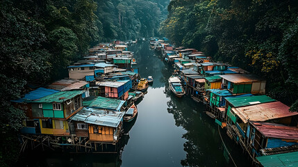 Obraz premium Colorful floating homes along a jungle river