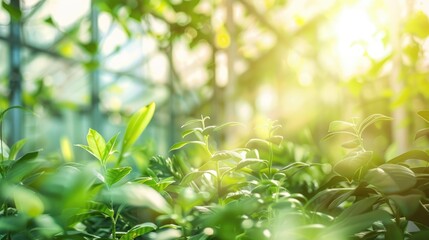 Fototapeta premium Large industrial greenhouse with fresh natural plants. Concept of growing healthy food, diet, vegetarianism and technology. AI generated.