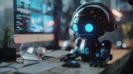 AI at Work: Robot Using Laptop in a Cityscape Setting


