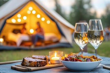 Luxury camping glamping tent experience. Cozy outdoor dining with wine near a tent and a couple in the background.