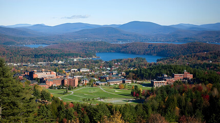 Autumnal college campus overlooking lake and mountains; idyllic setting for education, brochures, and websites