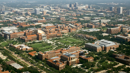 Fototapeta premium Aerial view of a large university campus with red brick buildings and green spaces, city skyline in the distance, for education and real estate