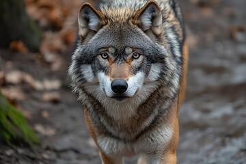 Fototapeta premium Wolf walking, forest path, leaves, autumn