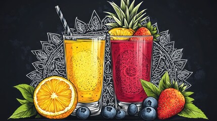 Tropical fruit smoothies, dark background, healthy drinks, menu design (1)