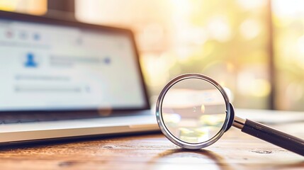 Close-up of laptop screen with search bar and magnifying glass icon, representing online privacy and data security concerns in digital age.