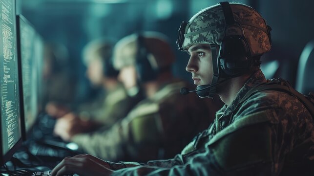Soldier in military uniform working at a computer, engaged in analyzing data or performing tasks. AI-generated!