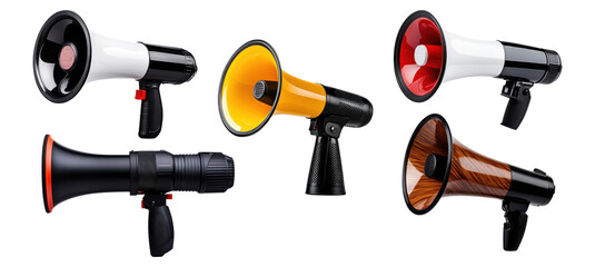 Collection of megaphones in different colors isolated on transparent background