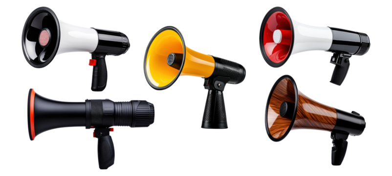 Collection of megaphones in different colors isolated on transparent background