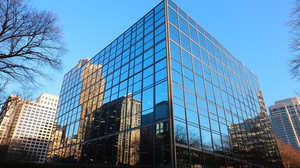 Fototapeta premium Modern office building with glass facade reflecting the city skyline. Architecture and urban landscape concept.