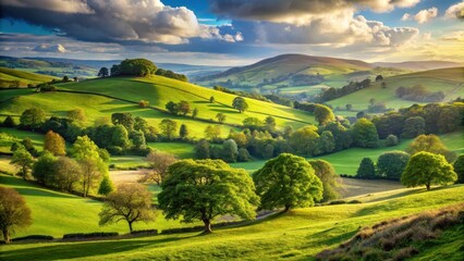 Serene rolling hills and lush green trees in a picturesque Georgian landscape with warm sunlight filtering through the foliage, sunny day, rural beauty