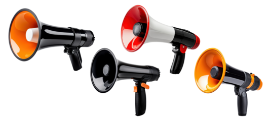 Collection of megaphones in different colors isolated on transparent background