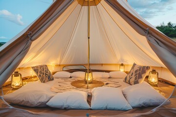 Luxury camping glamping tent experience. Cozy glamping tent with pillows and lanterns glowing softly.