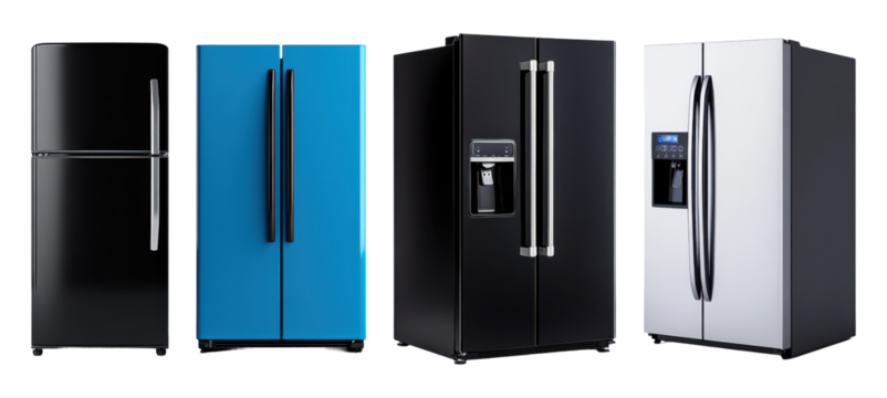 Collection of modern refrigerators in different colors and styles isolated on transparent background