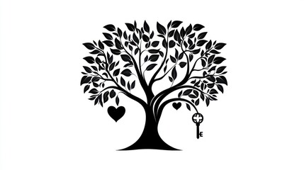 Obraz premium Family tree silhouette, heart, key, white background, genealogy chart