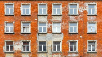 Fototapeta premium Facade of an old brick building with windows. Architecture of an old building with a brick wall.