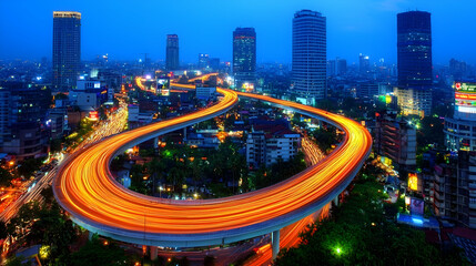Fototapeta premium Night city highway traffic flow, elevated view, skyscrapers background, urban transport