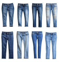 Generate an array of different styles and washes for blue jeans, including light denim with high-