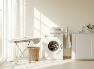 A serene and minimalist laundry room with a washing machine, soft natural light streaming through a window, and plants adding a touch of greenery to the clean and airy space.