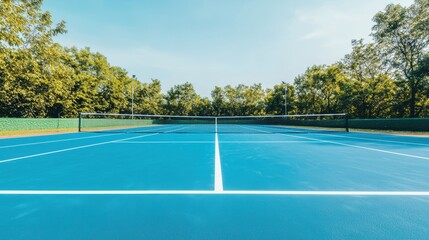 Blue tennis court with net and trees in the background on a sunny day. Concept of sport, recreation, and outdoor activities.
