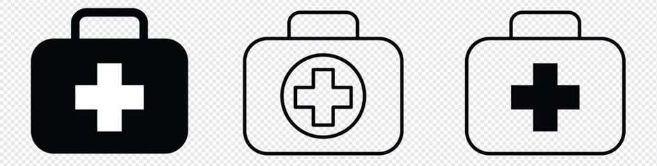 First aid kit icon vector set. Medical suitcase symbol. First aid signs. Kit case emergency care symbols. Pharmacy icons.Medical treatment box, First aid box silhouette icon, briefcase silhouette