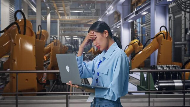 Side View Of Asian Female Professional Worker Use Laptop With Industrial Robotic Arms Working,  She Is Nodding Her Shead With Dissapionted