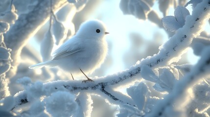 Delicate White Bird Perching on Snow Covered Branch in Serene Winter Landscape