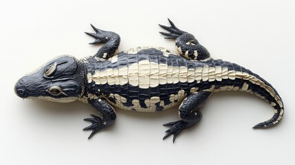 Obraz premium An elaborate alligator sculpture crafted from textured black and white scales, showcasing intricate patterns across its sculpted form