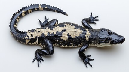 Fototapeta premium A striking black and cream alligator basks, its intricate scale patterns weaving through sleek contours—a mesmerizing display of nature’s artistry