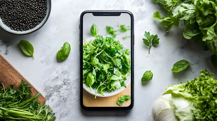 A smartphone displaying a fresh green salad on a wooden surface, surrounded by basil, parsley, lettuce, and black lentils on a marble countertop, creating a modern food photography concept