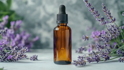 Serene bottle of lavender essential oil surrounded by beautiful lavender flowers in bloom