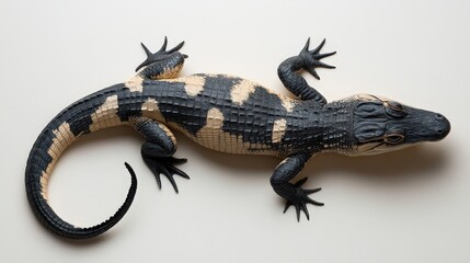 Naklejka premium A majestic black and cream alligator with a captivating mosaic-patterned hide, its scales intricately crafted into tiny squares and rectangles, exuding power and elegance in every detail