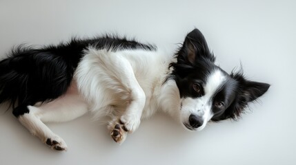 Fototapeta premium A poised black and white border collie lies on its side, head tilted elegantly to the right, set against a pristine white backdrop. Its relaxed form exudes tranquility