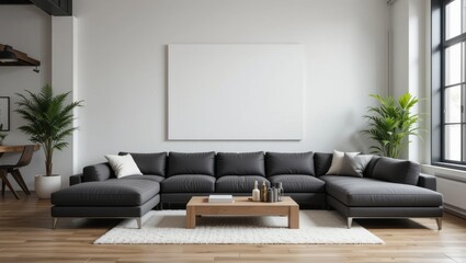 Modern Cozy Living Room with Sleek Gray Sofa, Light Wood Furniture and Large Windows